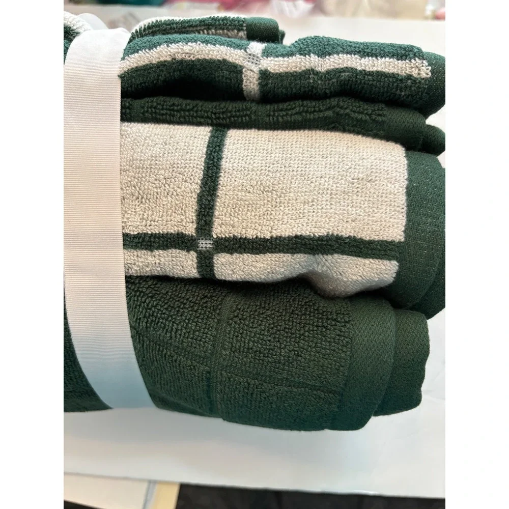 Room Essentials 6 Piece Bath Towel Set Green White Windowpane Plaid 100% Cotton‎